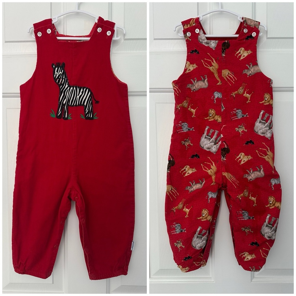 The Bailey Boys Reversible Longall Red Corduroy Zebra Zoo Animals Sz 24 Mts